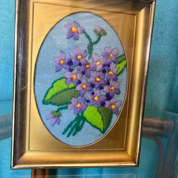 Vintage 1970s Crewel Artwork Summer Flowers Violets