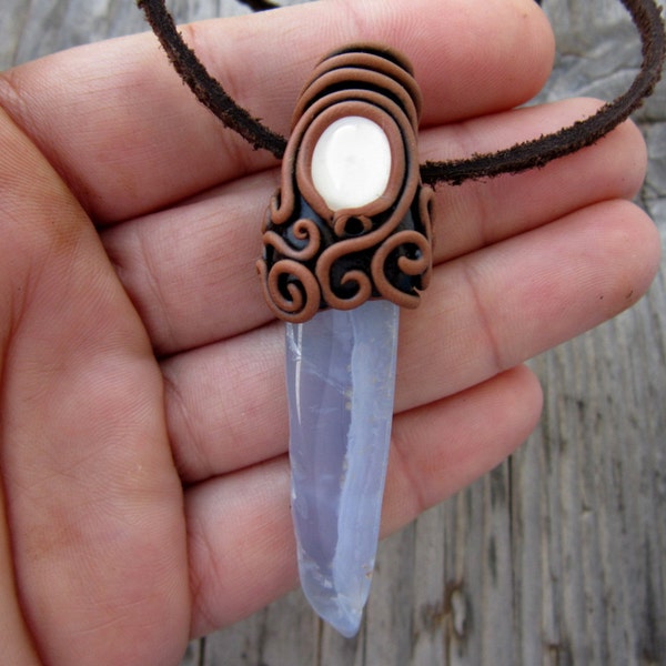 RESERVED Blue  Chalcedony Moonstone Pendant Healing Stones Crystals Pendant Mystic Magik Spiritual Hippie Pendant  FREE SHIPPING