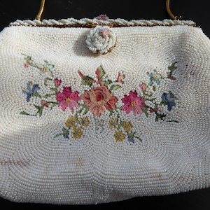 Vintage Point De Beauvais Embroidery White Micro Seed Beaded Purse FRENCH