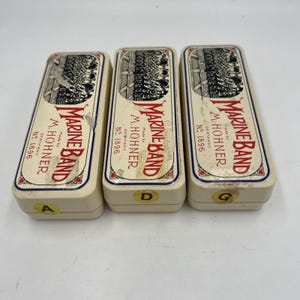 Hohner Marine Band Munharmonika Parti med 3 Tangenter A, D, G - Originalaskar, #1896 Tyskland