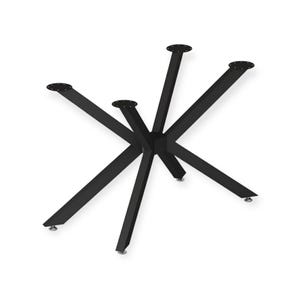 May include: Black metal table base with a starburst design. The base features eight angled legs radiating from a central hub, each ending in a small foot. The top of each leg has a circular mounting plate for attaching a tabletop.