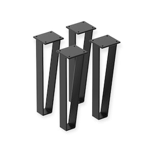 May include: Four black metal table legs with a square mounting plate and a U-shaped design. The legs are made of solid metal and are suitable for various furniture projects. The legs are shown against a white background.