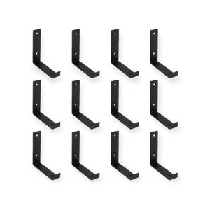 May include: A set of twelve black metal shelf brackets. Each bracket has a right-angle design with a vertical mounting plate and a horizontal support arm. The brackets are evenly spaced against a white background.