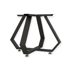 May include: Black metal table base with a geometric design. The base features a diamond-shaped structure with angled legs and adjustable feet. The top has a flat surface for attaching a tabletop. The overall design is modern and industrial.