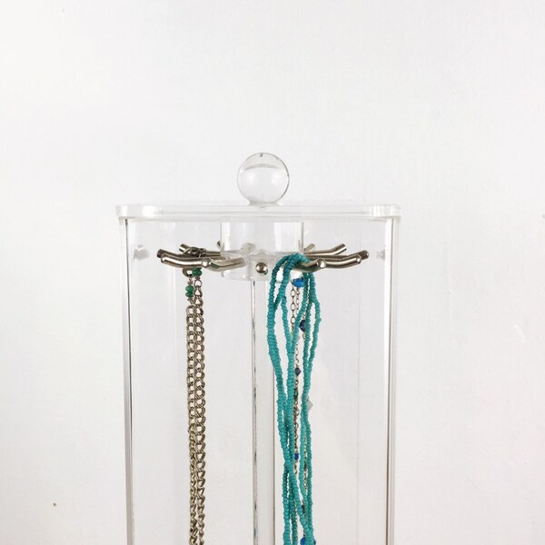 vintage necklace stand, lucite jewelry rack, necklace display box