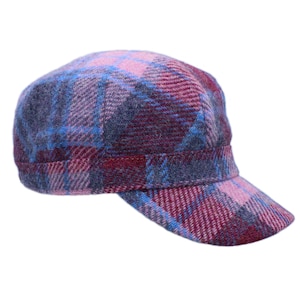 Genuine Harris Tweed Cadet Army Cap Elasticated Back To Fit Most Fully Lined ZH227 PINK BLUE CHECK