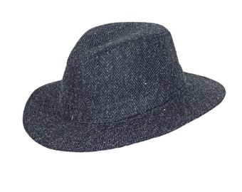 Genuine Harris Tweed Fedora Style Fedora Style Fully Lined Matching Trim ZH184 BLACK CHARCOAL HERRINGBONE