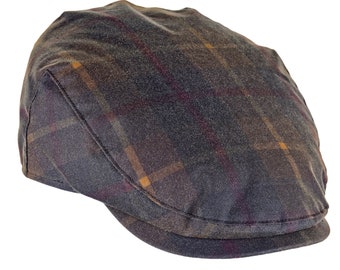 British Waxed Cotton Flat Cap Quality Tartan Wax Water Resistant Check Lining ZH183 HUNTER CHECK