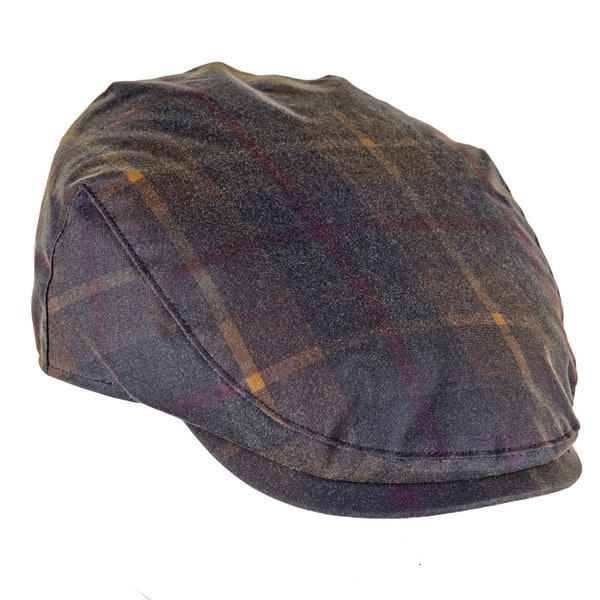 British Waxed Cotton Flat Cap Quality Tartan Wax Water Resistant Check Lining ZH183 HUNTER CHECK