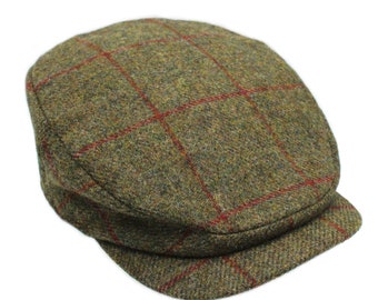 Casquette plate en laine britannique Tweed Bond Style, visière allongée, doublure en satin matelassé, ZH050 marron/rouge