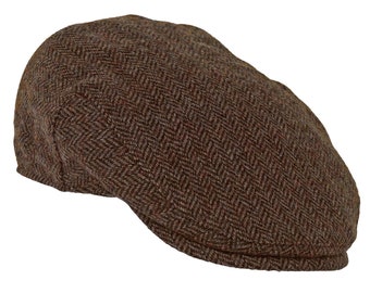 British Wool Tweed Flat Cap Traditional Flat Cap Style Deep Back Quilted Satin Lining ZH099 CHOCOLATE HERRINGBONE