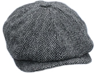 Echte Harris Tweed Peaky Blinders-pet &#39;Peaky Blinders&#39;-stijl gewatteerde satijnen voering Geweldige vorm ZH028 ZWART/GRIJS VISGRAAT