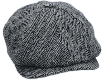 Gorra genuina Harris Tweed Peaky Blinders estilo 'Peaky Blinders'' Forro de satén acolchado Gran forma ZH028 NEGRO/GRIS ESPIGA