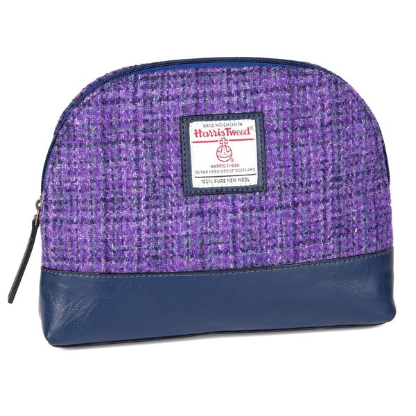 Wash Bag Make Up Bag Cosmetic Bag Harris Tweed Leather ZB074 LAVENDER Black Leather