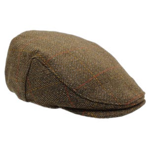 May include: A brown tweed flat cap with a classic design. The cap has a subtle plaid pattern with red and yellow accents. This traditional style hat is suitable for various occasions.