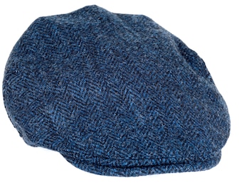Genuine Harris Tweed Flat Cap Deep Back Satin Lining Classic Style ZH014 BLUE/BLACK HERRINGBONE