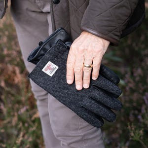 Grant Harris Tweed And Leather Men's Gloves ZG014 BLACK HERRINGBONE