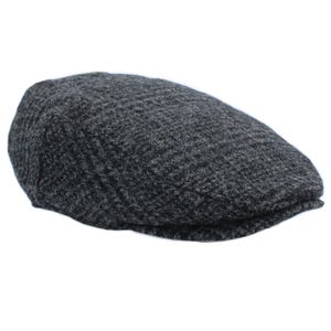 May include: A grey wool flat cap with a textured weave.