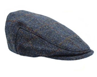 Genuine Harris Tweed Flat Cap Deep Back Satin Lining Classic Style ZH014 STEEL BLUE CHECK