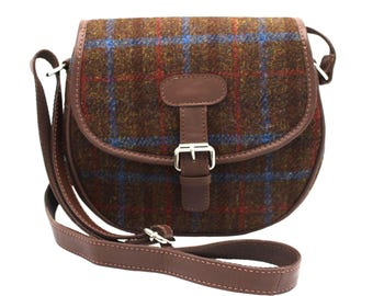 Genuine Harris Tweed And Leather Classic Shoulder Tote Bag, With Leather Trims, Check Brown