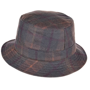 May include: A brown and black plaid bucket hat with a wide brim.
