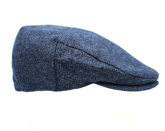British Wool Tweed Flat Cap Traditional Flat Cap Style Deep Back Quilted Satin Lining ZH099 NAVY HERRINGBONE