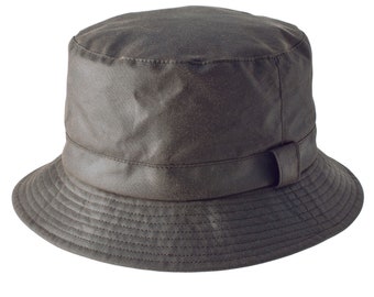 British Waxed Cotton Bucket Hat Compact Water Resistant Check Lining ZH003 OLIVE