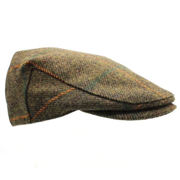 British Wool Tweed Flat Cap Waterproof Teflon Coated Deep Back Satin Lining ZH097 FOREST GREEN with Rust Check