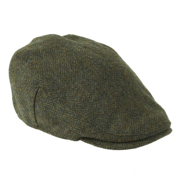 British Wool Tweed Flat Cap Traditional Flat Cap Style Deep Back Quilted Satin Lining ZH099 GREEN HERRINGBONE