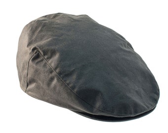 British Waxed Cotton Flat Cap Deep Back Water Resistant Check Lining ZH002 OLIVE