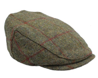 British Wool Tweed Flat Cap Traditional Flat Cap Style Deep Back Quilted Satin Lining ZH099 BROWN/RED CHECK