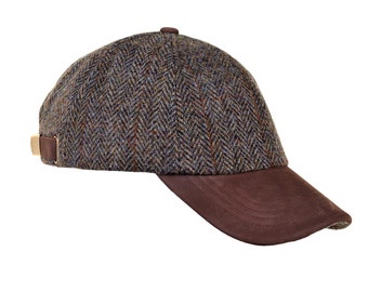 Genuine Harris Tweed Baseball Cap Real Leather Peak Adjustable Strap Fully Lined ZH016 GREEN BROWN HERRINGBONE