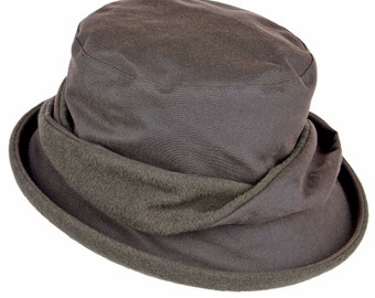 British Waxed Cotton Ladies Twist Band Hat Wax/Wool Twist Detail Water Resistant Fully Lined ZH152 OLIVE
