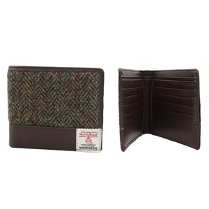 Cartera Harris Tweed de piel auténtica con forro de sarga de algodón ZB080 VERDE MARRÓN ESPIGA
