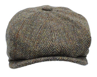 Echte Harris Tweed Peaky Blinders Cap 'Peaky Blinders'' Stil Gestepptes Satin Futter Große Form ZH028 GRÜN/BRAUN HERRINGBONE