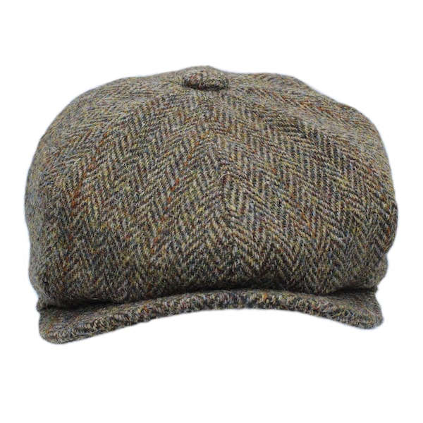 Echte Harris Tweed Peaky Blinders Cap 'Peaky Blinders'' Stil Gestepptes Satin Futter Große Form ZH028 GRÜN/BRAUN HERRINGBONE