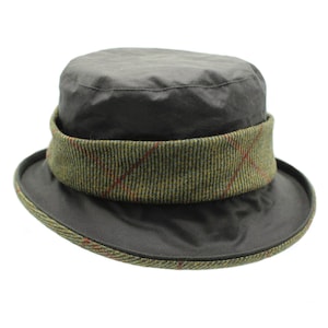 British Waxed Cotton Ladies Twist Band Hat British Tweed Trim Band Detail Water Resistant Fully Lined ZH186 OLIVE with OLIVE TWEED