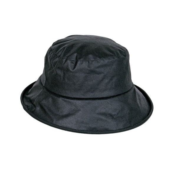 British Waxed Cotton Ladies Bucket Bush Hat Downbrim Style Résistant à l’eau Entièrement doublé ZH224 NOIR