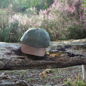 British Wool Tweed Baseball Cap Genuine Leather Peak Adjustable Strap Fully Lined ZH105 GREEN HERRINGBONE