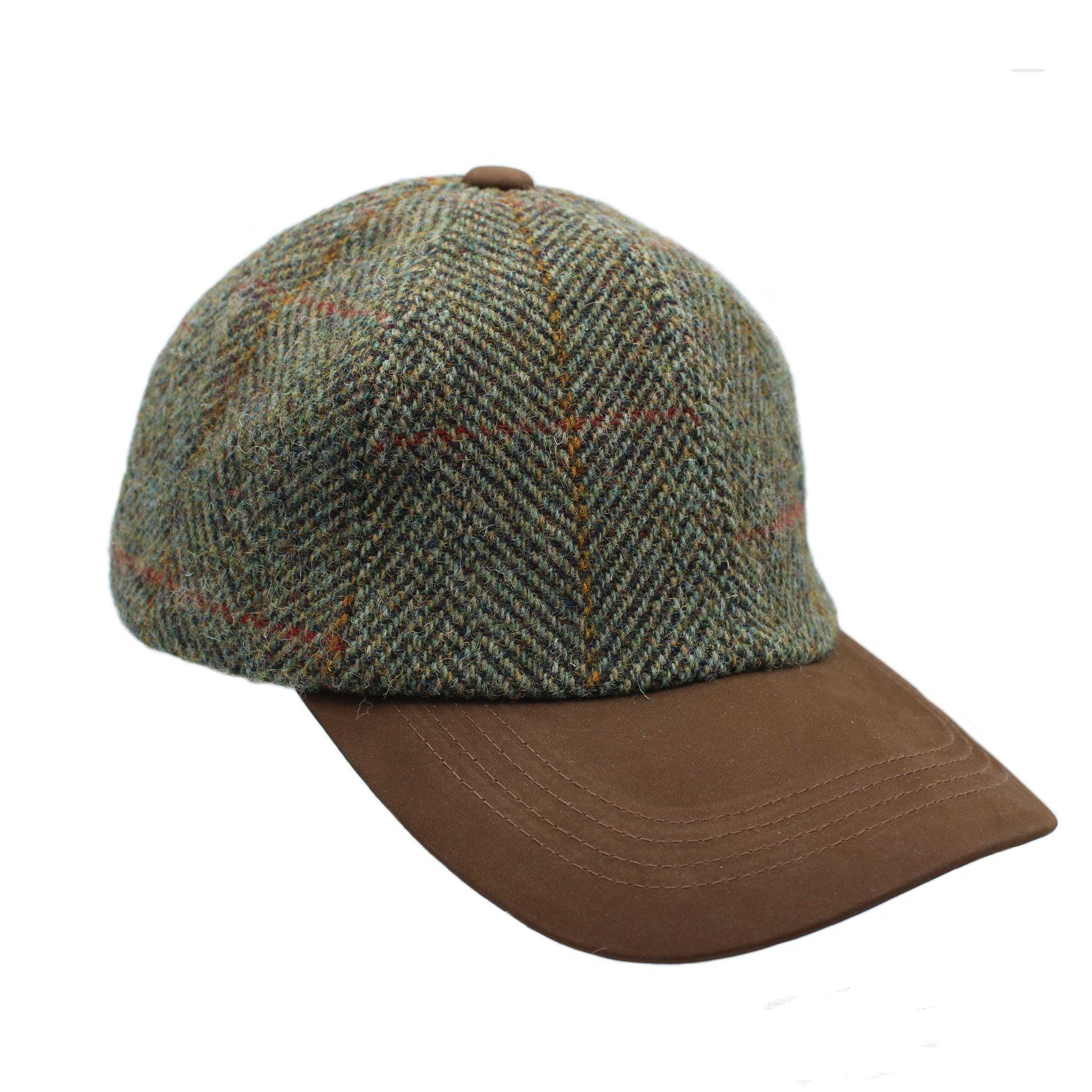 Genuine Harris Tweed Baseball Cap Real Leather Peak Adjustable Strap Fully Lined ZH016 SAGE-WINE GOLD