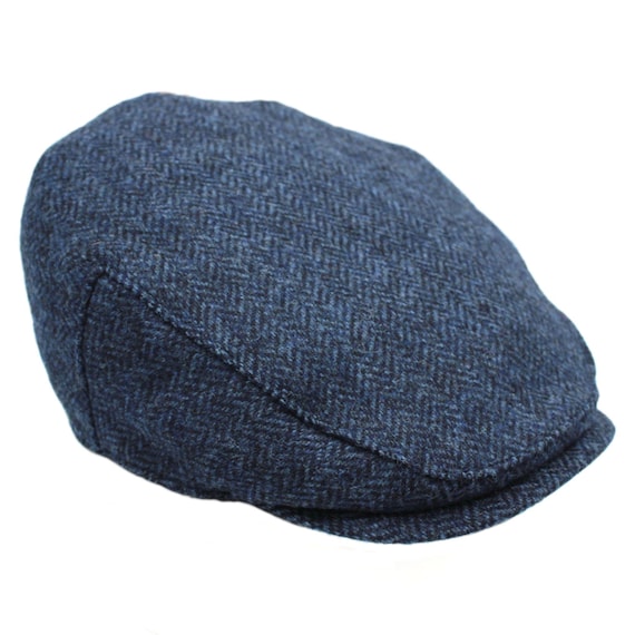 British Wool Tweed Flat Cap Traditional Flat Cap Style Deep Back Quilted Satin Lining ZH099 NAVY HERRINGBONE