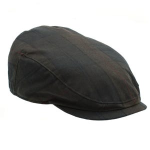 May include: A dark green and brown tweed flat cap with a slightly curved brim.