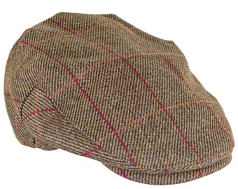 British Wool Tweed Flat Cap Imperméable Teflon Enduit Deep Back Satin Lining ZH097 MID-OLIVE avec Wine Check