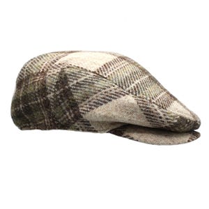 May include: A brown and green tweed flat cap.