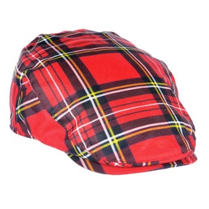 May include: A red, black and white tartan newsboy cap.