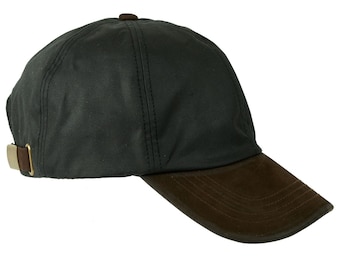 British Waxed Cotton Baseball Cap Genuine Leather Peak Adjustable Strap Water Resistant ZH009 BLACK