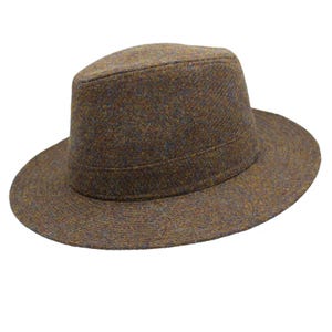 May include: A brown tweed fedora hat with a wide brim.