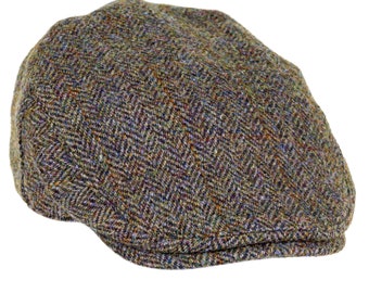 Echt Harris Tweed Flachmütze Tiefer Rücken Satin Futter Classic Style ZH014 GRÜN/BRAUN HERRINGBONE