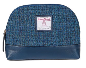 Wash Bag Make Up Bag Cosmetic Bag Harris Tweed Leather ZB074 PEACOCK BLUE