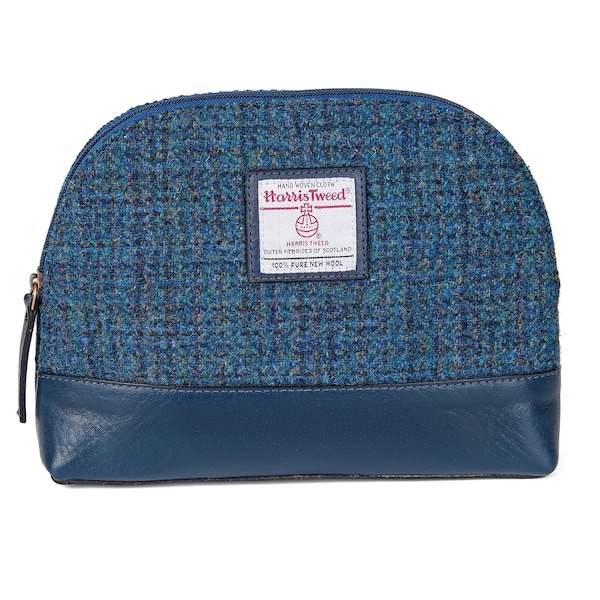 Wash Bag Make Up Bag Cosmetic Bag Harris Tweed Leather ZB074 PEACOCK BLUE